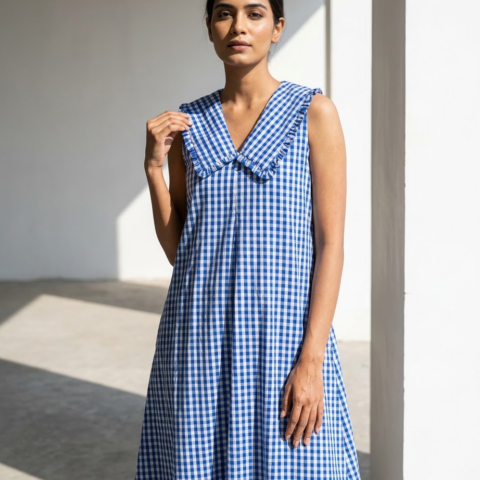 Women’s blue gingham maxi dress featuring a statement collar and relaxed A-line silhouette