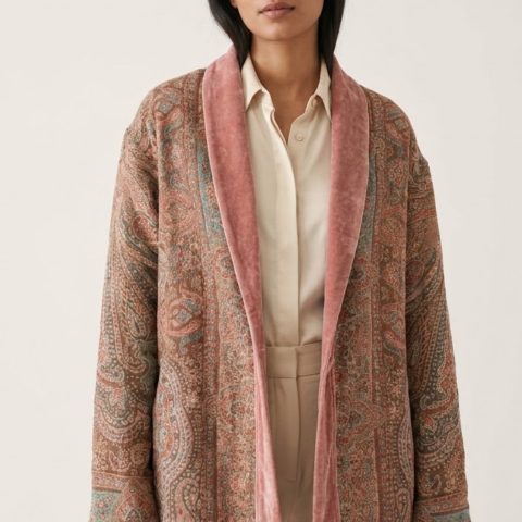 Women’s woolen Jamawar short gown featuring a paisley print and contrasting velvet shawl collar.