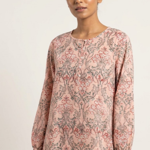 Women’s cotton daily wear kurti with floral paisley print and full sleeves.