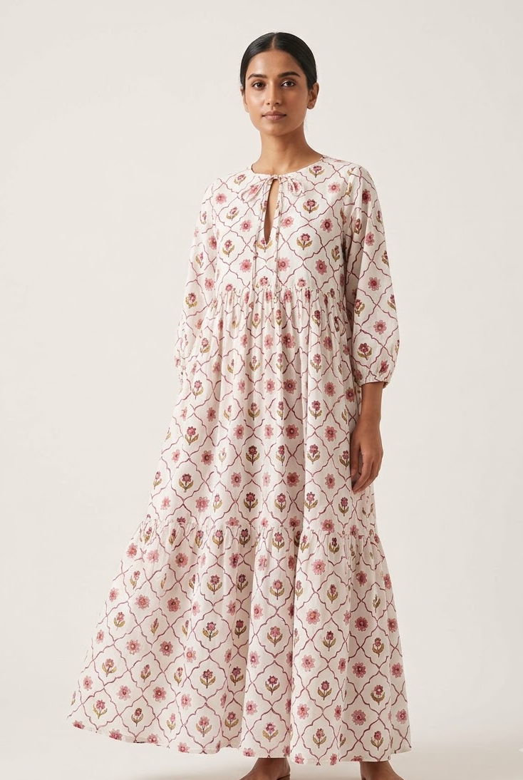 Women’s floral printed maxi dress featuring a keyhole neckline, long sleeves, and flowing tiered silhouette.