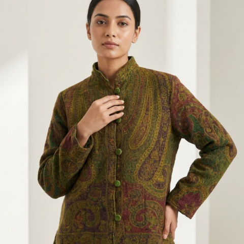 Women’s woolen Jamawar short jacket with paisley print and button-front design.