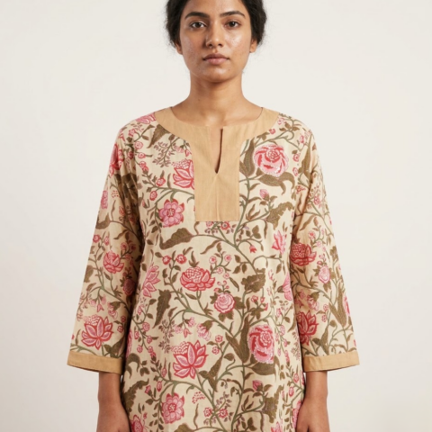 Women’s cotton floral printed daily wear kurti with three-quarter sleeves and V-slit neckline.